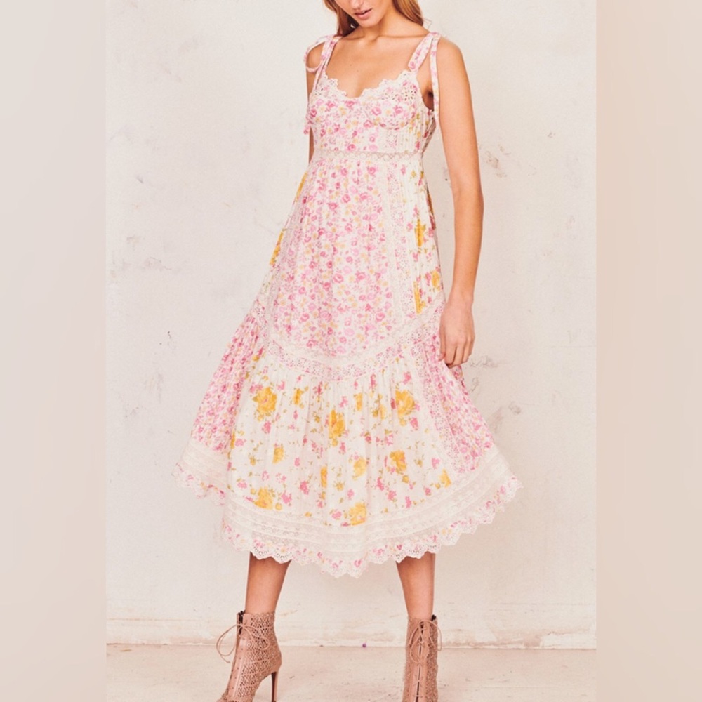 LoveShackFancy Pink and Yellow Floral Midi Dress